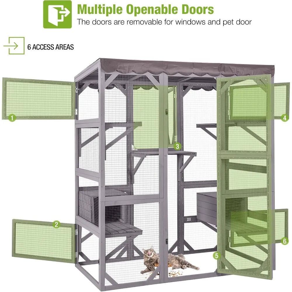 Catio Outdoor Cat Enclosure Large Walk in Window Cat House for Multiple Cats with 7 Platforms and 2 Resting Boxes, Tarp