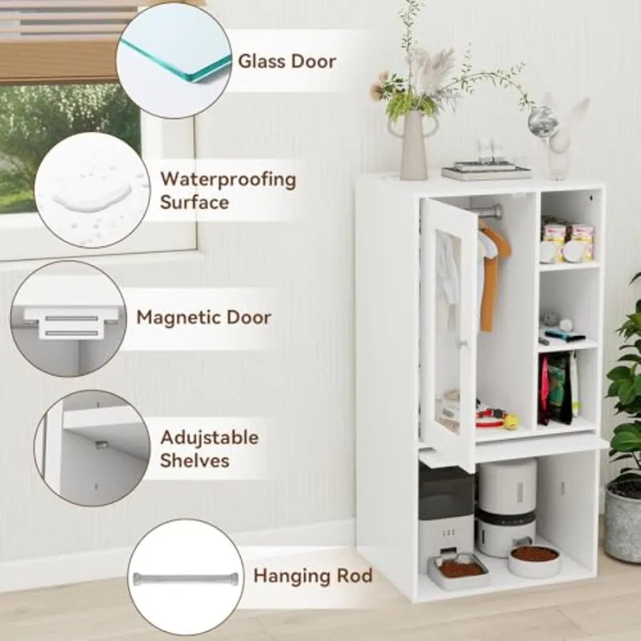 Dog Feeding Station for Automatic Feeder Dog Cat Food Storage Cabinet with Hanging Rods Adjustable Panel Hidden Automatic Pet F