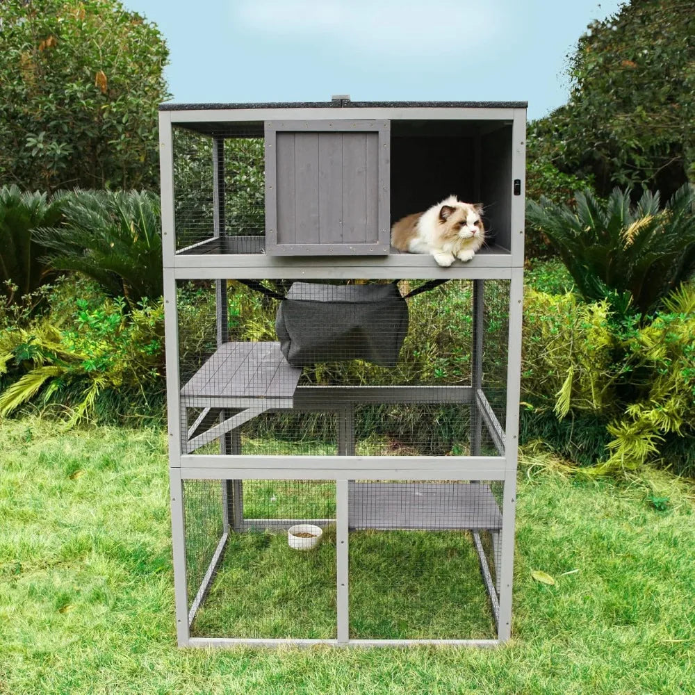 PET Catio Wooden Cat House, Outdoor 3 Floors Cat Enclosure, Indoor Large Kitten playpen with Hammock & Resting Box, Cat C