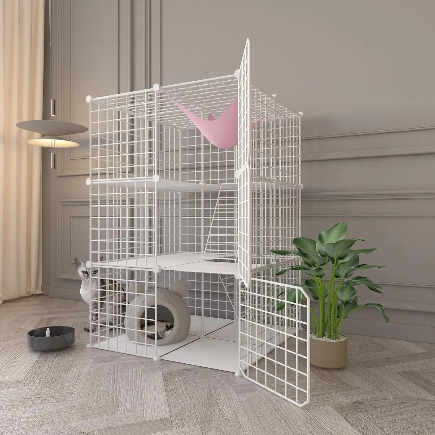 Indoor Cat Cage Enclosure DIY,Cat Playpen Catio Thick Metal Wire Kennels for 1-3 Cats Kitten Cage Detachable Patio Cat Crate （On