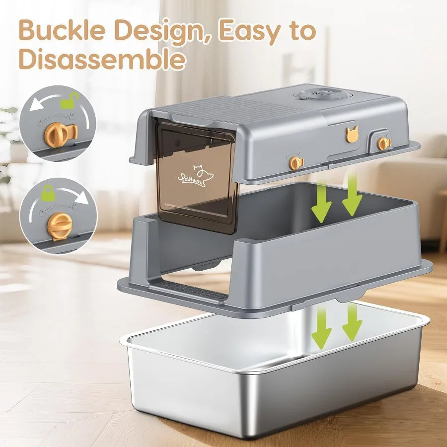 L7 ProStainless Steel Litter Box with Lid XXL Extra Large Enclosed Metal Cat Box for Kitty Big Cats Odor Control Cat Litter Deo