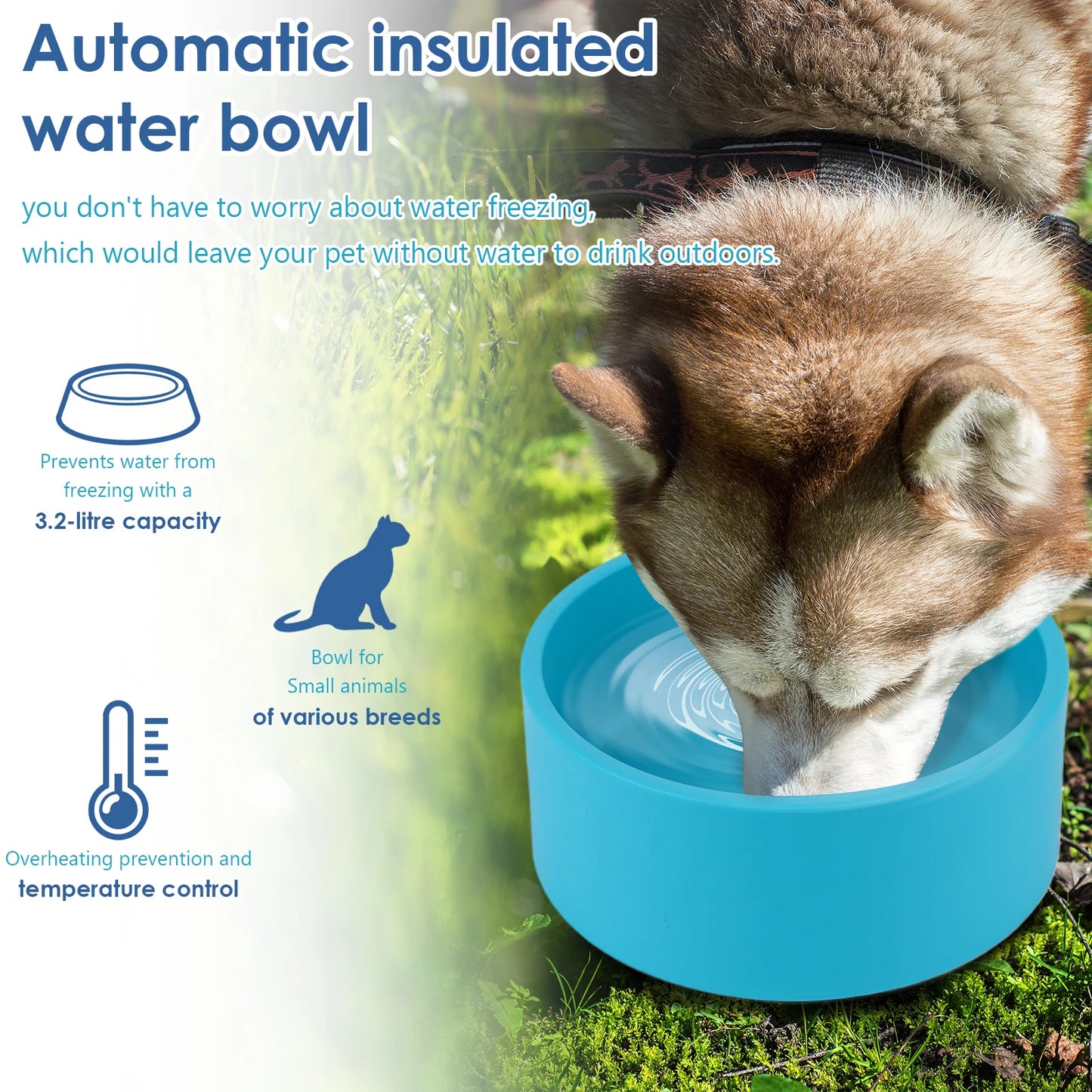 Heated Water Bowl 3.2 L/108 Oz Outdoor Thermal Pet Bowl Anti-Freeze Heated Pet Water Dish in Winter for Dog Cat Chicken Duck
