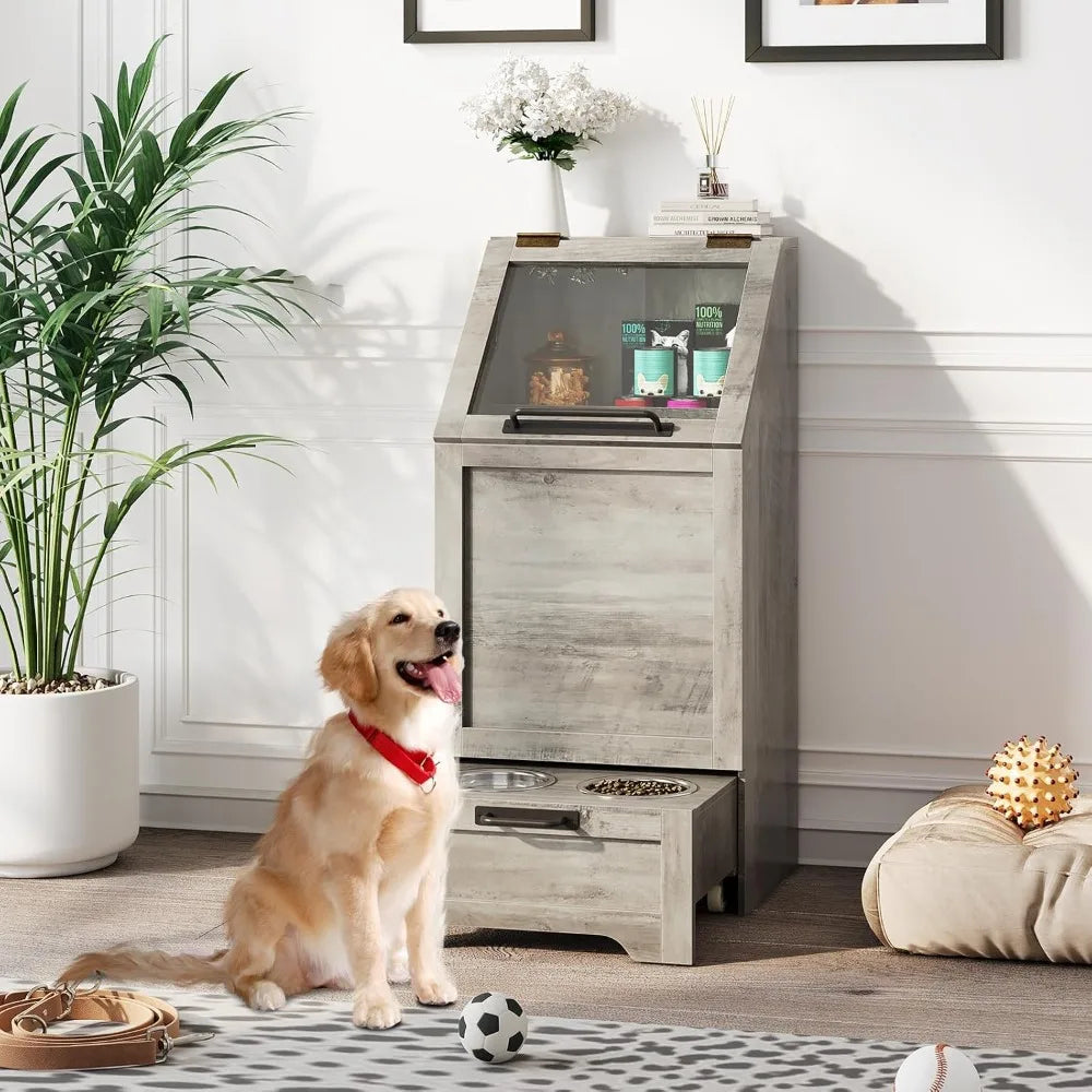 Feeding Station, Dog Food Storage Cabinet with 2 Elevated Bowls, Pet Storage Cabinet, Modern Feeder, Pet Feeding Station