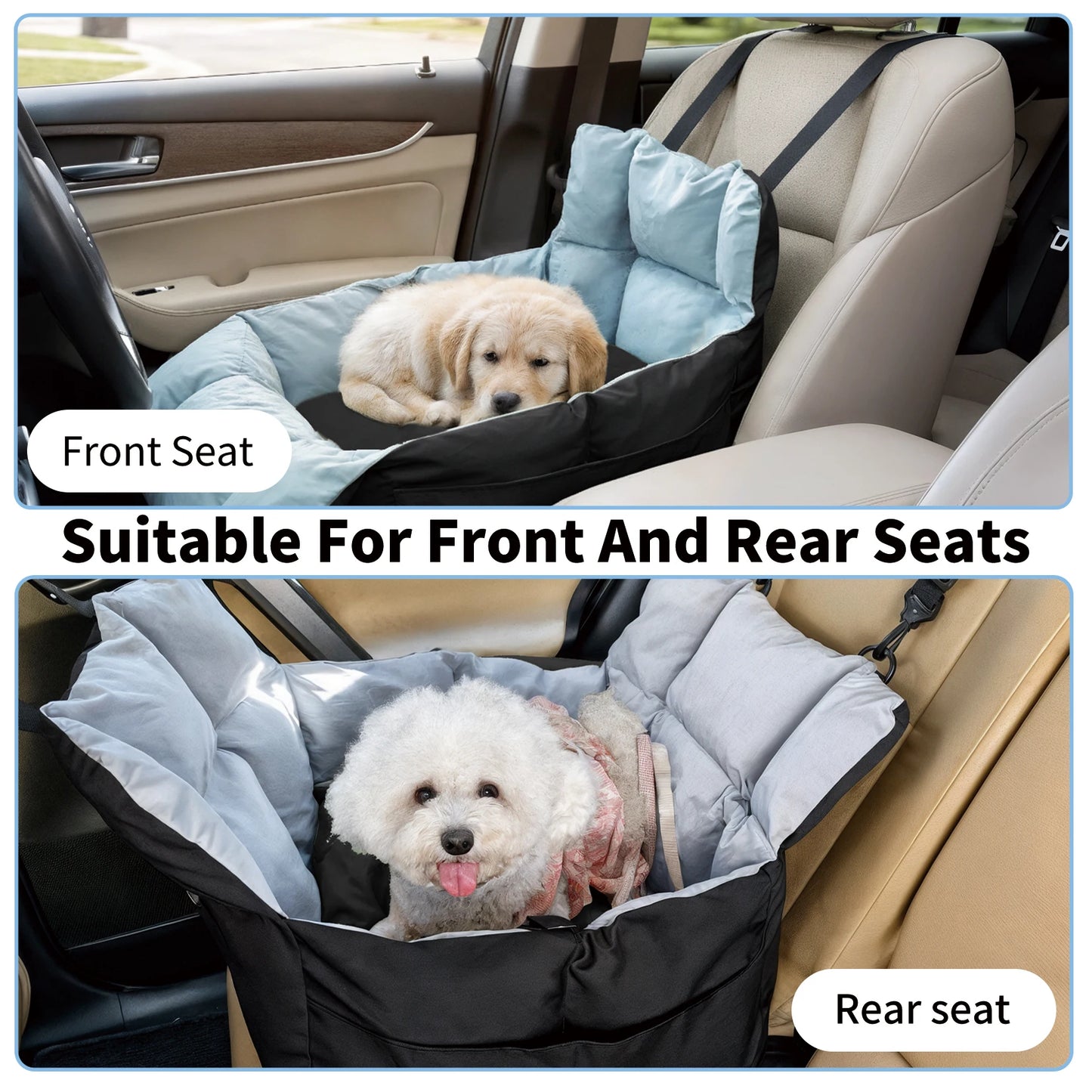 Dog Car Seat Safe & Cozy Travel Bed and Carrier for Small Dogs, Puppies, Pets up to 10 KG, Clip-On Leash & Storage Pockets