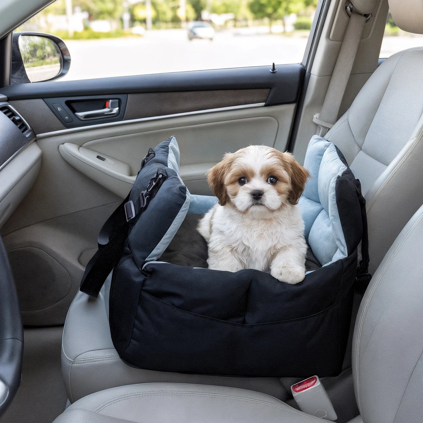Dog Car Seat Safe & Cozy Travel Bed and Carrier for Small Dogs, Puppies, Pets up to 10 KG, Clip-On Leash & Storage Pockets