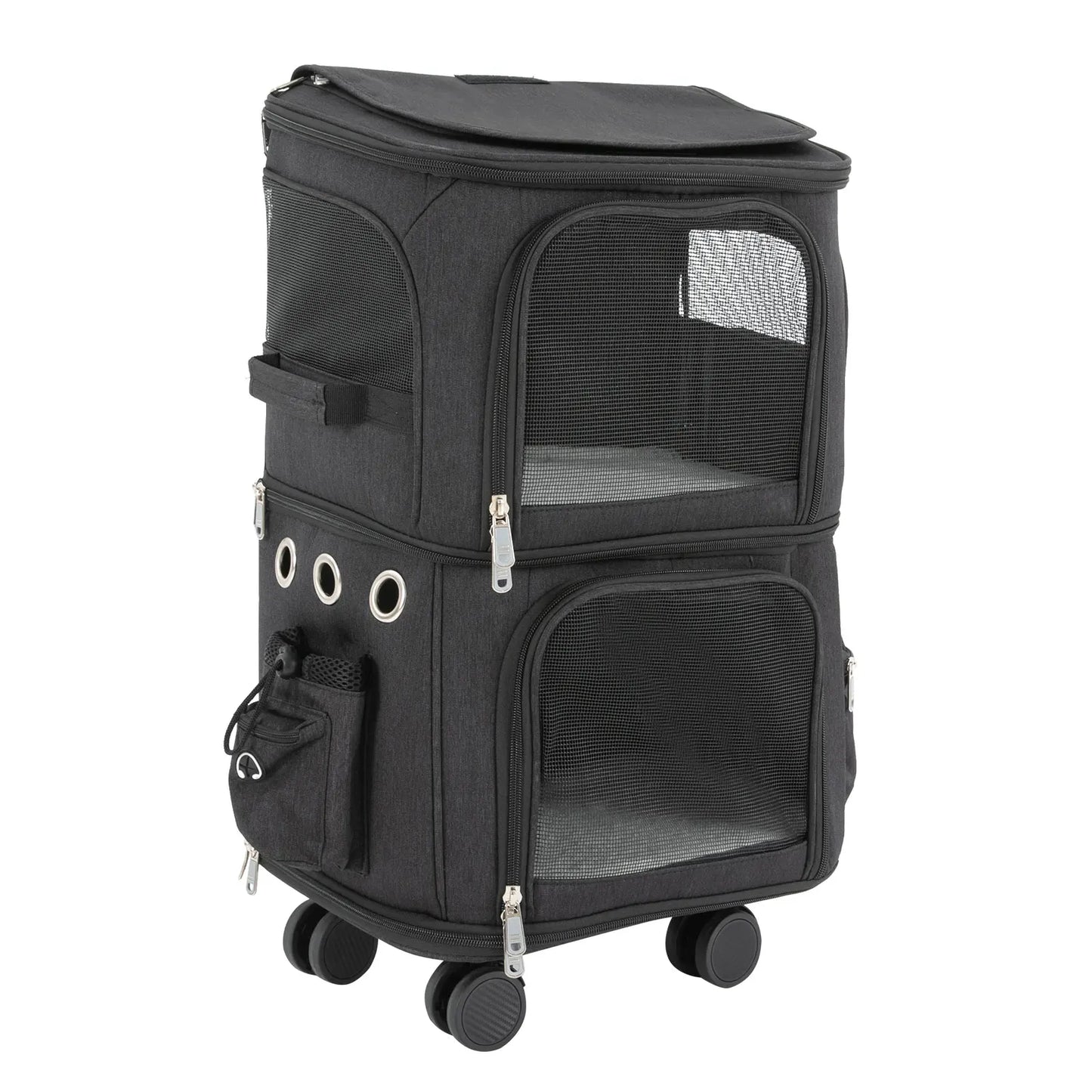 Black Double-Compartment Pet Rolling Carrier—PBT/Oxford Cloth, 4 Removable Wheels+18.11in Rod, 22.05lbs Load, Foldable for Trips