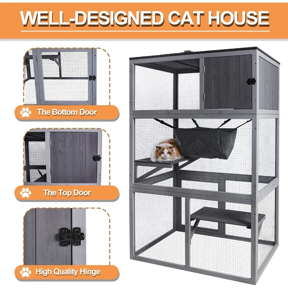 PET Catio Wooden Cat House, Outdoor 3 Floors Cat Enclosure, Indoor Large Kitten playpen with Hammock & Resting Box, Cat C