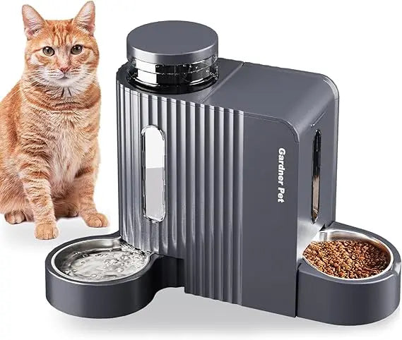 Automatic Gravity Cat Food Feeder and Water Dispenser Stainless Steel Two-in-One Set Large Capacity Dispenser for Pets Dogs, Pu