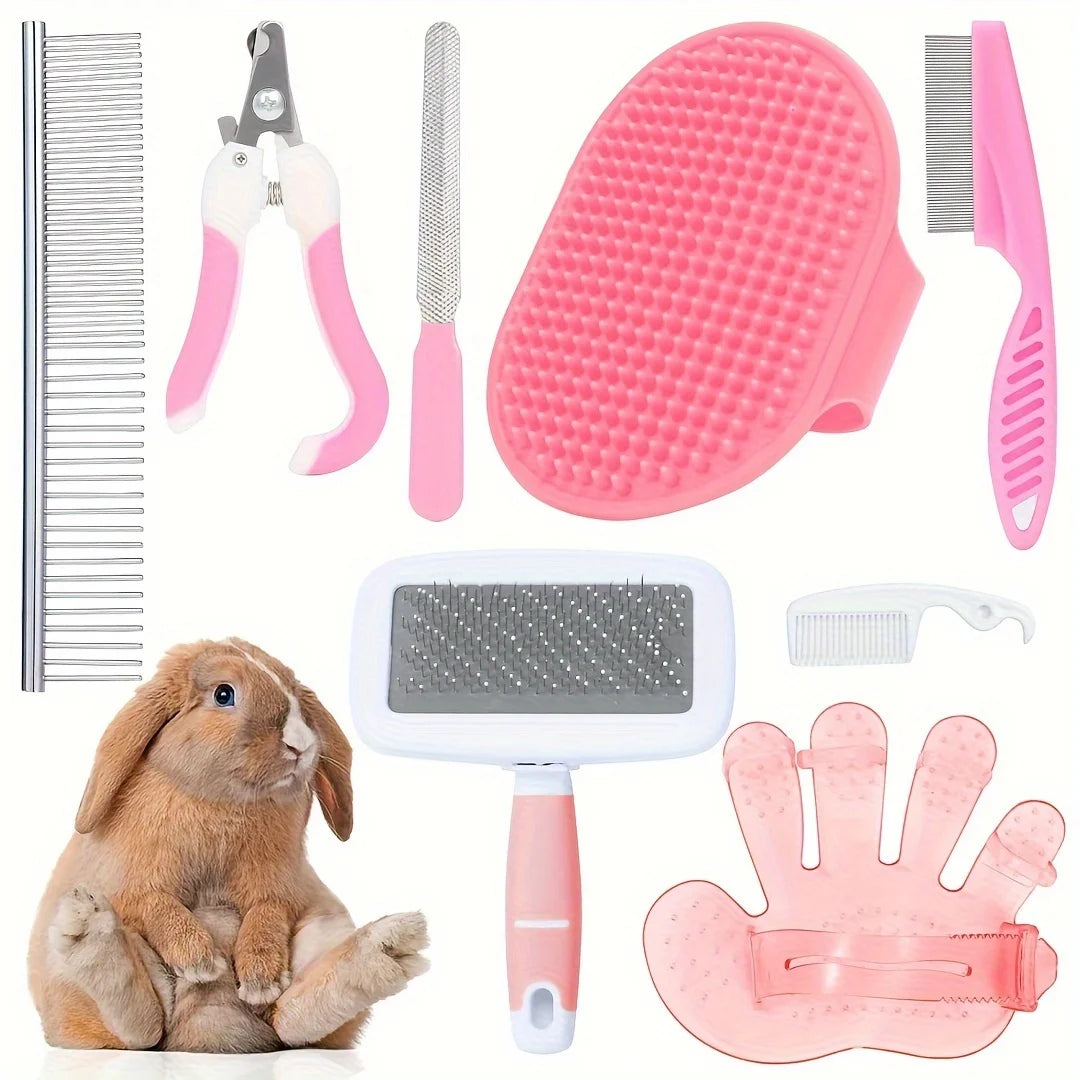 8-Piece Rabbit Grooming Kit with Silicone Brushes and Rubber Bristles - Pet Grooming Set for Small Animals - Includes Nail Clipp