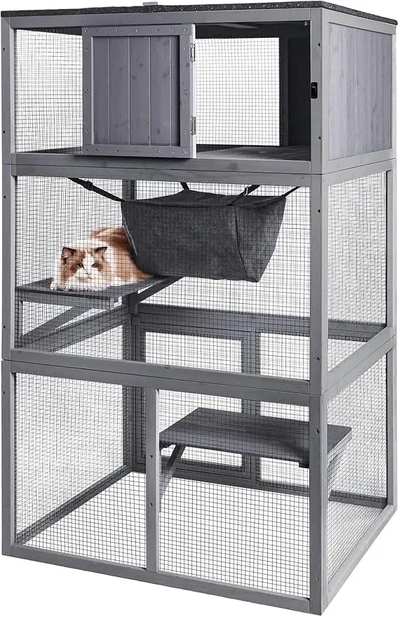 PET Catio Wooden Cat House, Outdoor 3 Floors Cat Enclosure, Indoor Large Kitten playpen with Hammock & Resting Box, Cat C