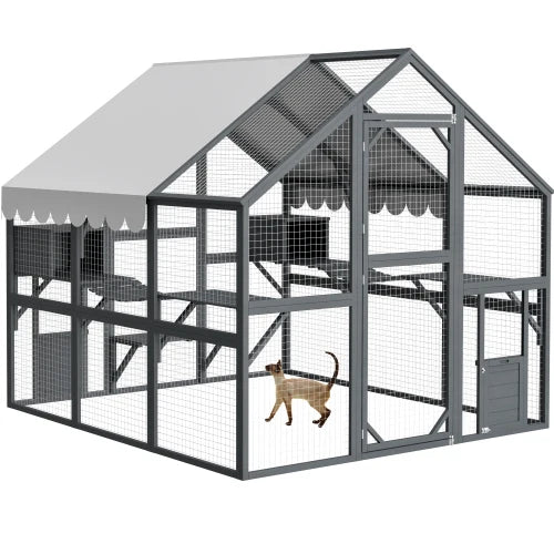 Advanced cat running large outdoor fence, wooden cat building with suspension bridge, comfortable cabin, 82 inch spacious area
