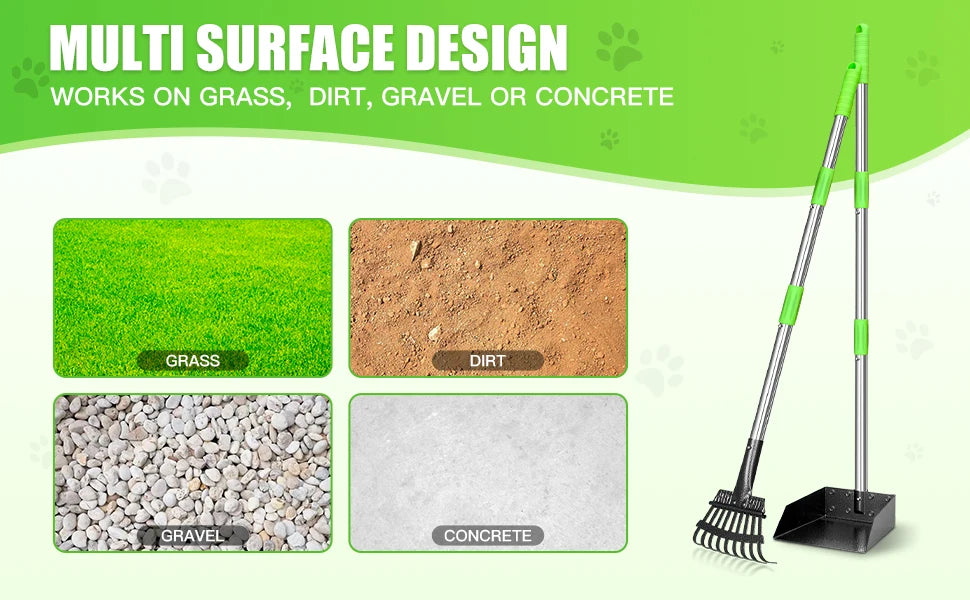 Dog Pooper Scooper Long Handle Stainless Metal Tray and Rake for Medium Small Dogs Heavy Duty Pet Supplies