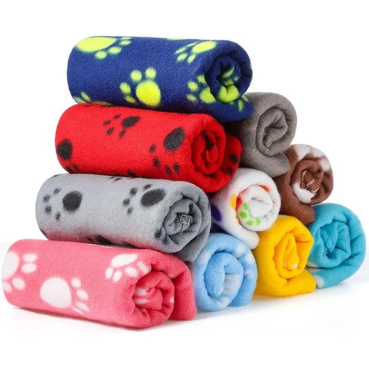 10 Pieces Pet Blankets with Paw Print Design for Dogs and Cats Soft Warm Fleece Sleep Mat Pad Bed Cover for Kittens Puppies and