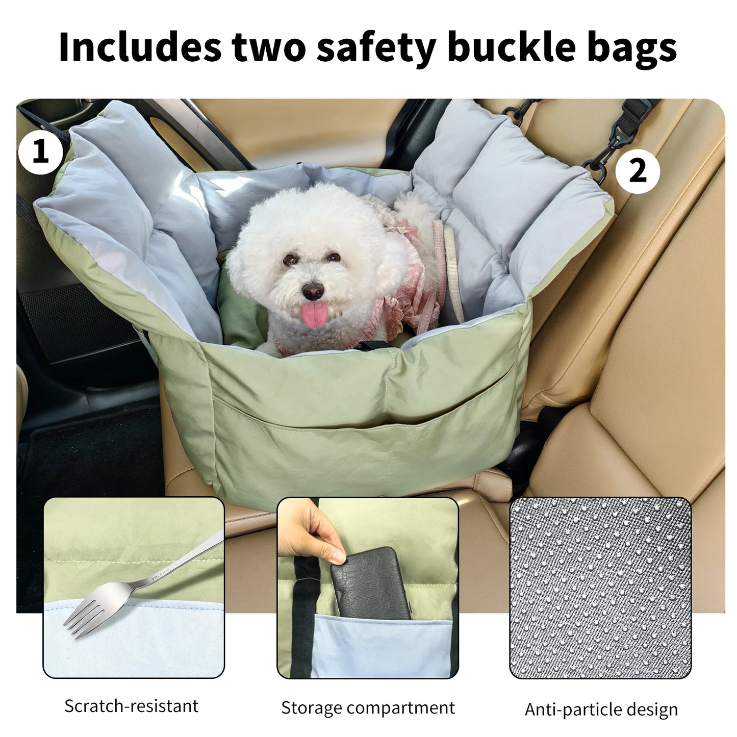Dog Car Seat Safe & Cozy Travel Bed and Carrier for Small Dogs, Puppies, Pets up to 10 KG, Clip-On Leash & Storage Pockets