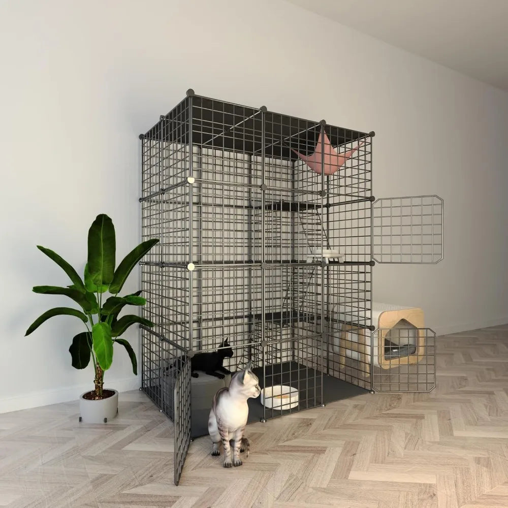 Indoor Cat Cage Enclosure DIY,Cat Playpen Catio Thick Metal Wire Kennels for 1-3 Cats Kitten Cage Detachable Patio Cat Crate （On