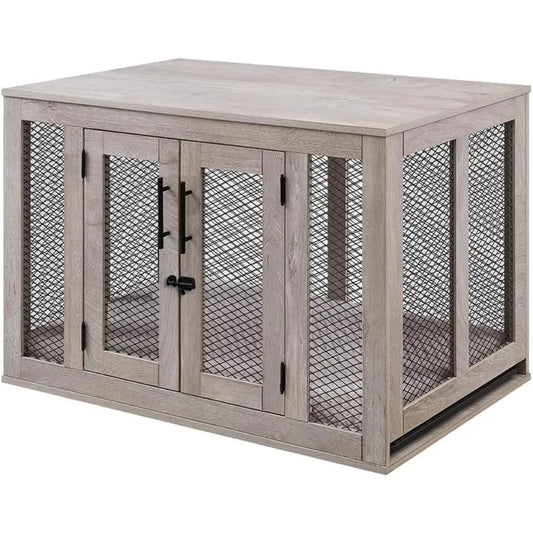 Furniture Style Dog Crate with Cushion and Tray, Mesh Dog Kennels with Double Doors, End Table Dog House, Medium Crate Indoor U