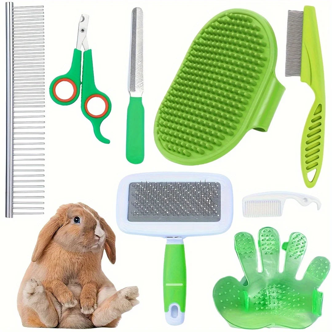 8-Piece Rabbit Grooming Kit with Silicone Brushes and Rubber Bristles - Pet Grooming Set for Small Animals - Includes Nail Clipp