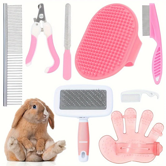 8-Piece Rabbit Grooming Kit with Silicone Brushes and Rubber Bristles - Pet Grooming Set for Small Animals - Includes Nail Clipp