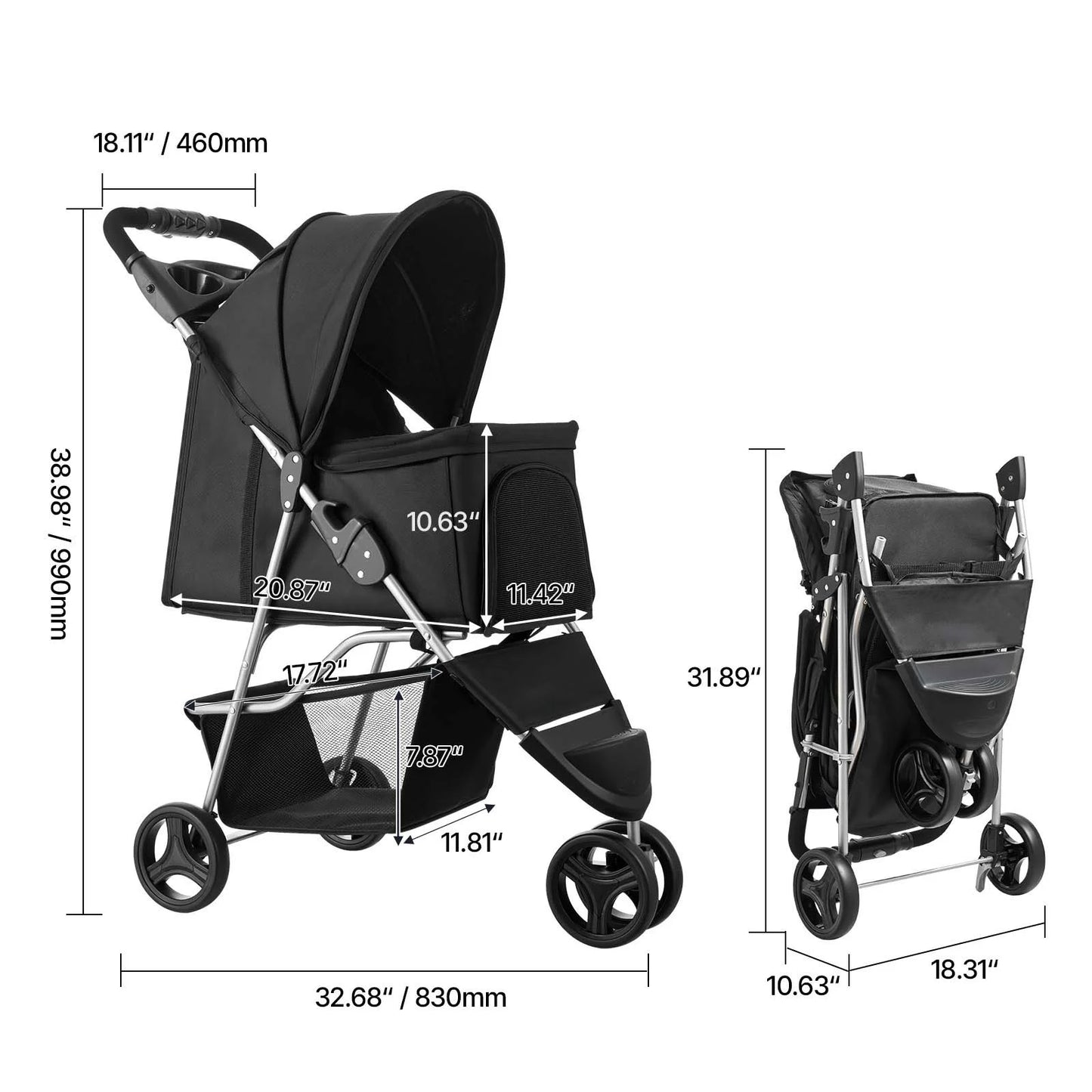 SucceBuy Pet Stroller 35 lbs Weight Capacity Dog Stroller Cart 4 Wheels Pram w/Detachable Mesh Carrier w/ Brake for Small to Pet