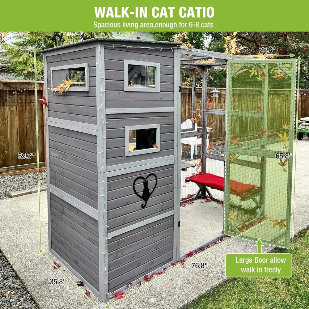 House Catio Outdoor Cat Enclosure 76.8 Large Kitty Shelter for Cats Outdoor Patio, Large Weatherproof Cat Cage with Window