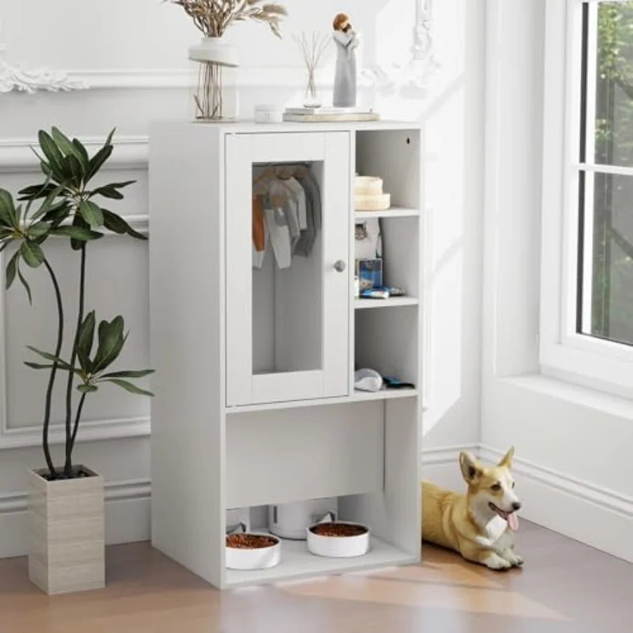 Dog Feeding Station for Automatic Feeder Dog Cat Food Storage Cabinet with Hanging Rods Adjustable Panel Hidden Automatic Pet F