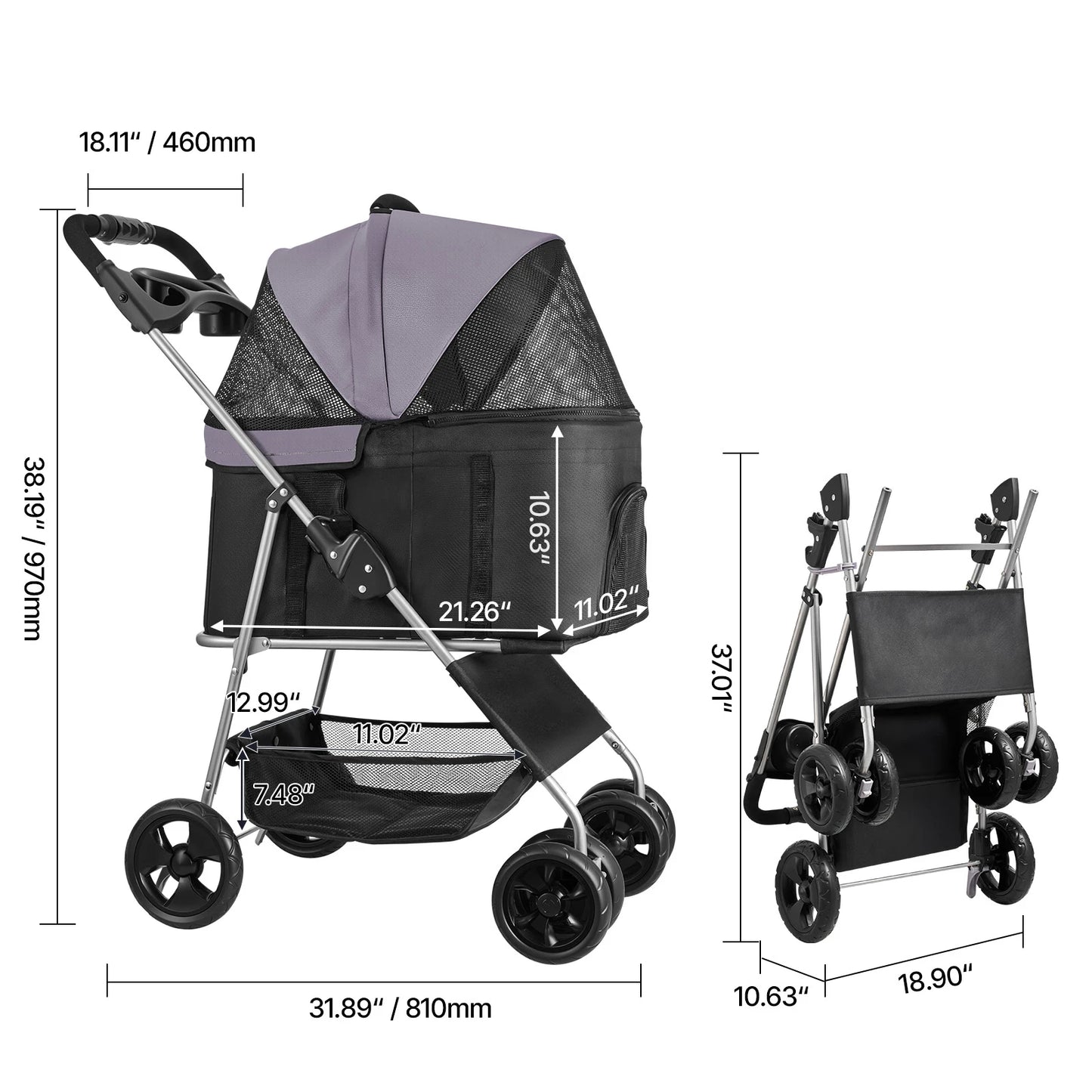 SucceBuy Pet Stroller 35 lbs Weight Capacity Dog Stroller Cart 4 Wheels Pram w/Detachable Mesh Carrier w/ Brake for Small to Pet