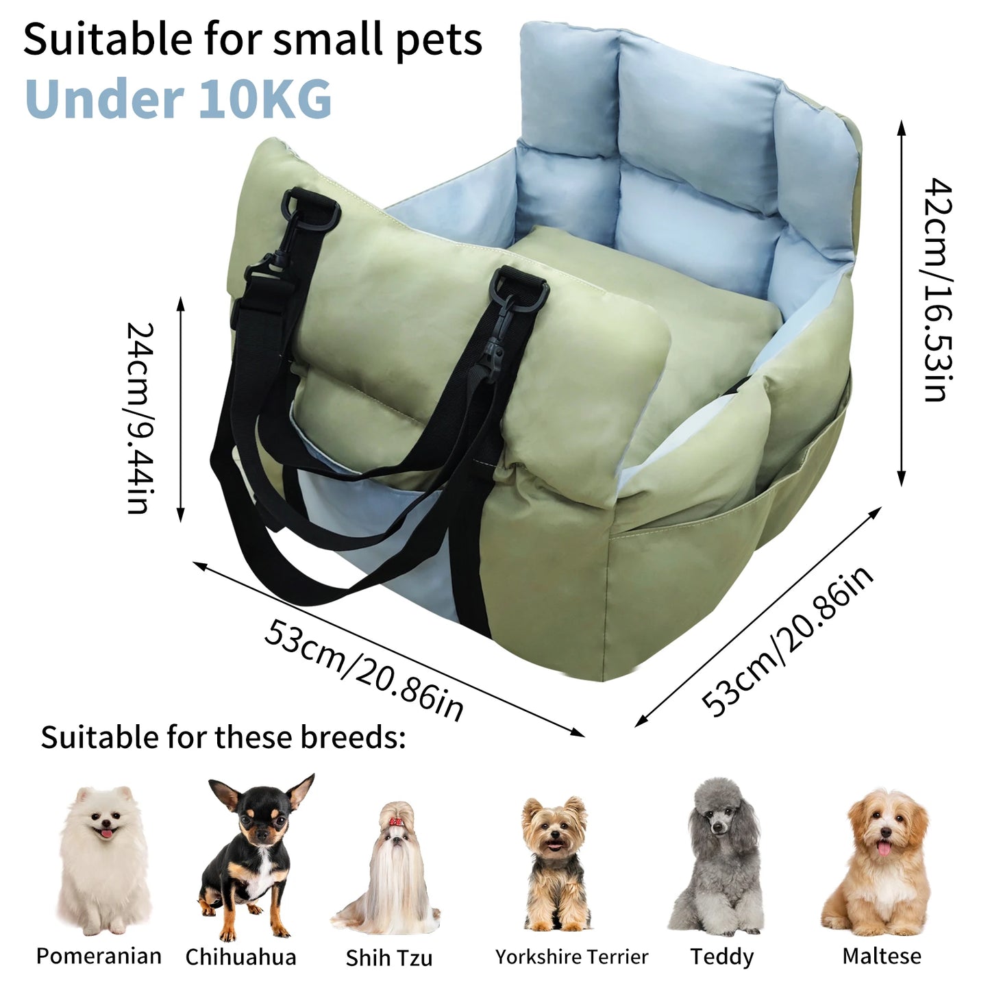 Dog Car Seat Safe & Cozy Travel Bed and Carrier for Small Dogs, Puppies, Pets up to 10 KG, Clip-On Leash & Storage Pockets