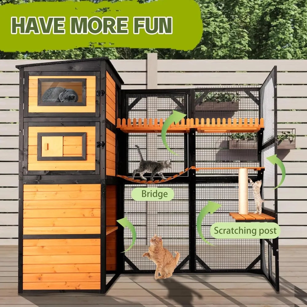 Catio Outdoor Cat Enclosures, Large 4 Tiers Wood Cat House, Cat Enclosure Connect to Window with Weatherproof Roof, 4 Platforms
