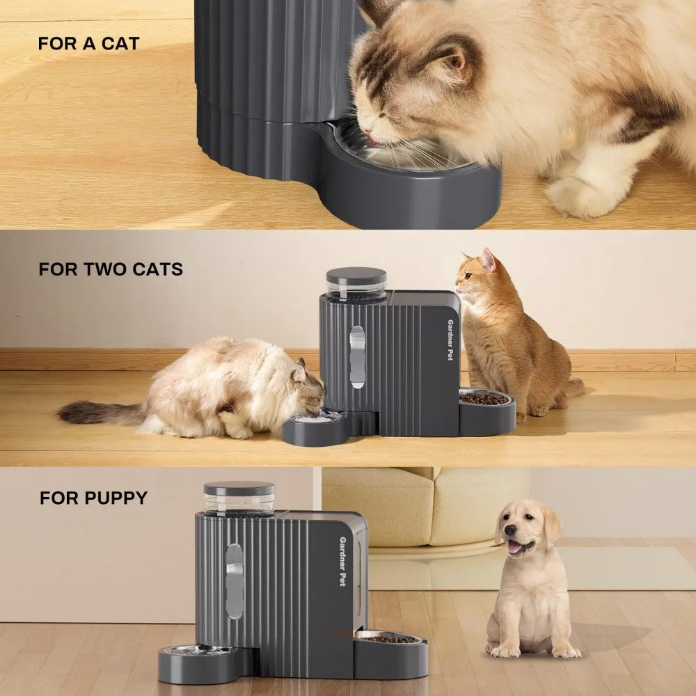 Automatic Gravity Cat Food Feeder and Water Dispenser Stainless Steel Two-in-One Set Large Capacity Dispenser for Pets Dogs, Pu