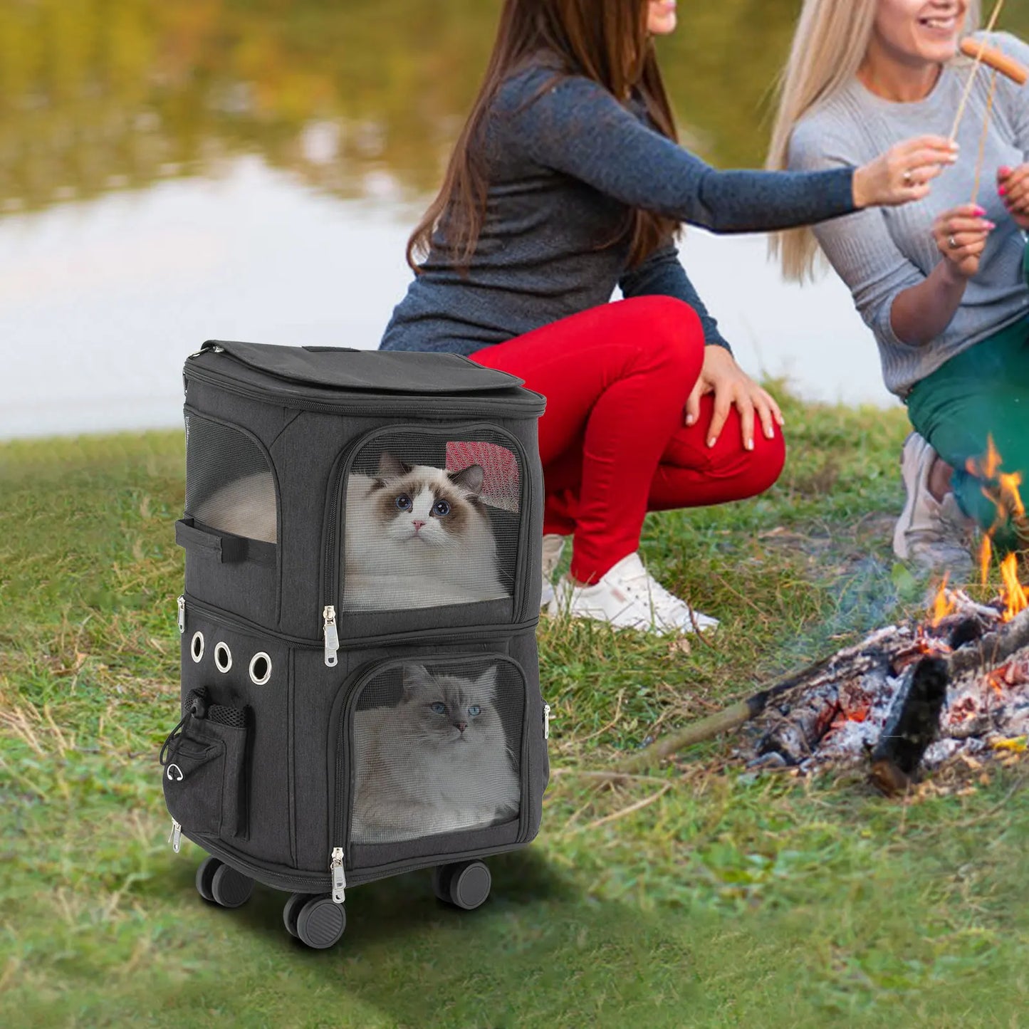 Black Double-Compartment Pet Rolling Carrier—PBT/Oxford Cloth, 4 Removable Wheels+18.11in Rod, 22.05lbs Load, Foldable for Trips