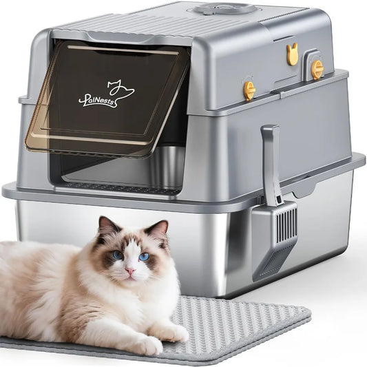 L7 ProStainless Steel Litter Box with Lid XXL Extra Large Enclosed Metal Cat Box for Kitty Big Cats Odor Control Cat Litter Deo