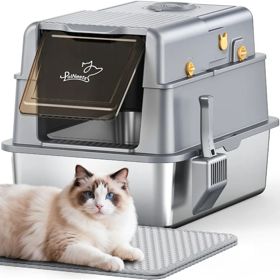 L7 ProStainless Steel Litter Box with Lid XXL Extra Large Enclosed Metal Cat Box for Kitty Big Cats Odor Control Cat Litter Deo