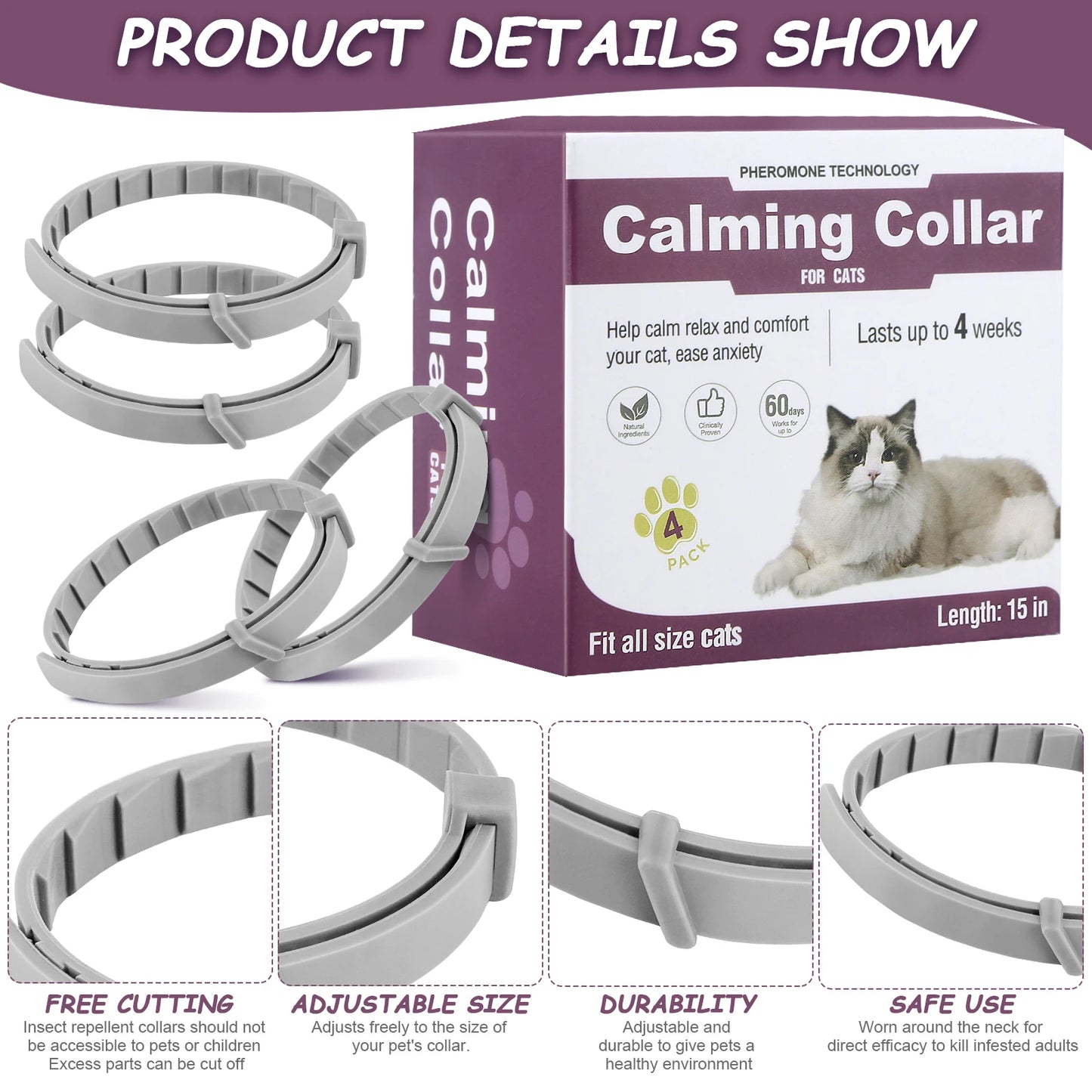 4Pcs Cat Calming Collar Soothing Collar Adjustable Cat Pheromone Collar Helps with Aggression Comfort Cat Calm Collar for Cats