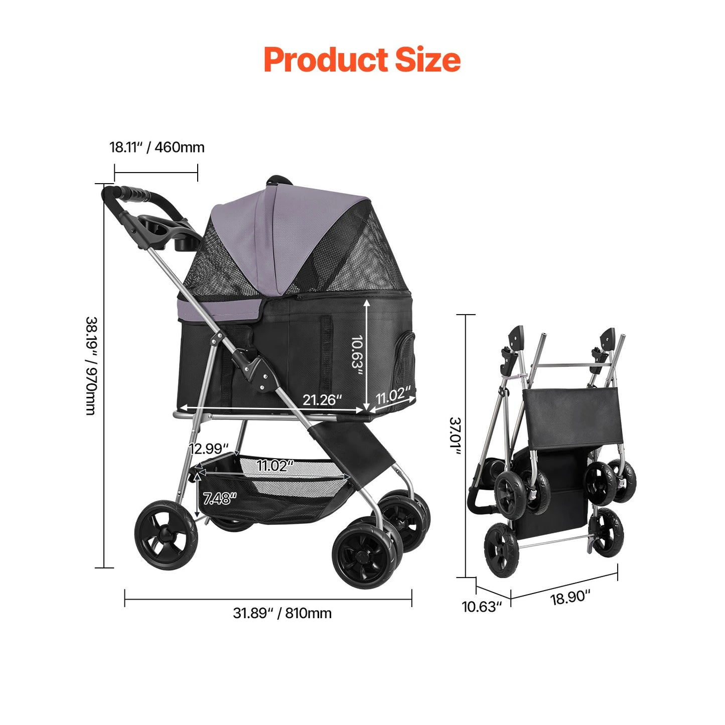 SucceBuy Pet Stroller 35 lbs Weight Capacity Dog Stroller Cart 4 Wheels Pram w/Detachable Mesh Carrier w/ Brake for Small to Pet