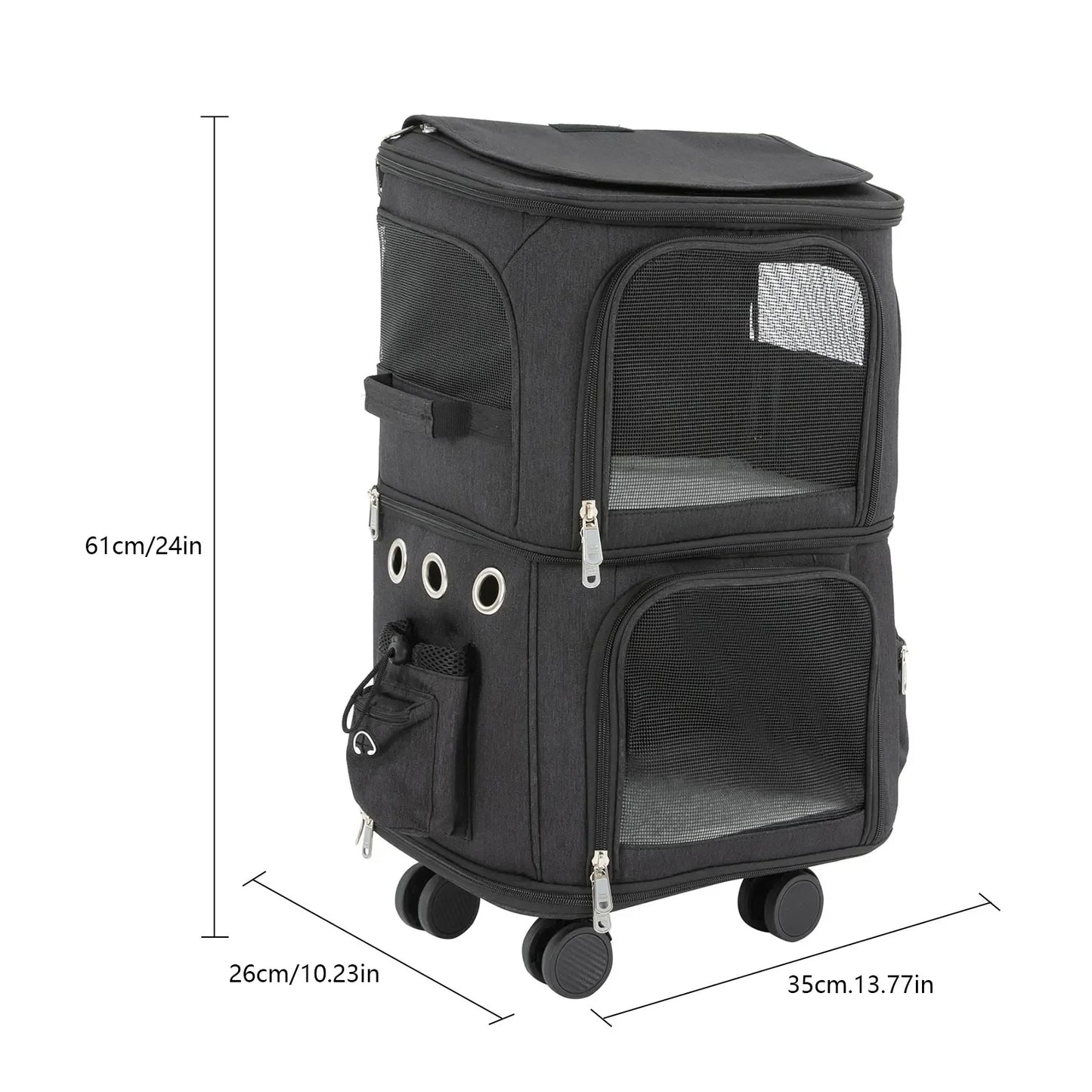 Black Double-Compartment Pet Rolling Carrier—PBT/Oxford Cloth, 4 Removable Wheels+18.11in Rod, 22.05lbs Load, Foldable for Trips