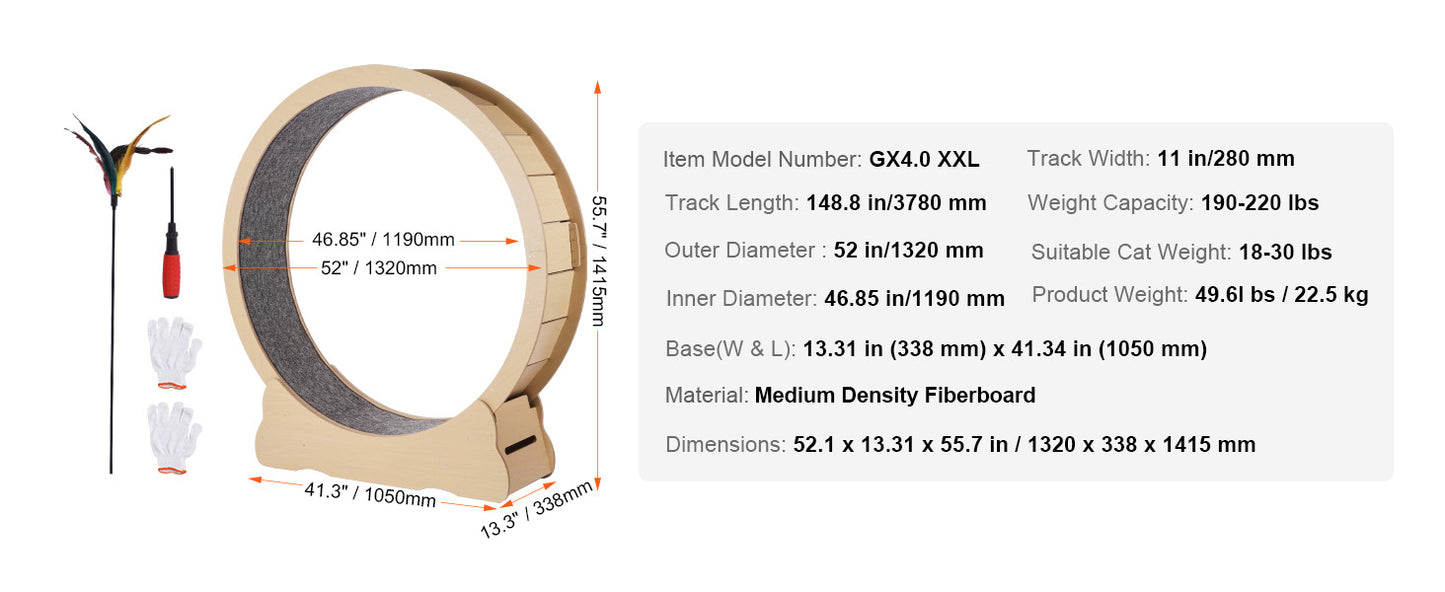SucceBuy Wooden Cat Exercise Wheel Large Cat Treadmill Wheel for Indoor Cat Running Wheel with Detachable Carpet& Cat Teaser