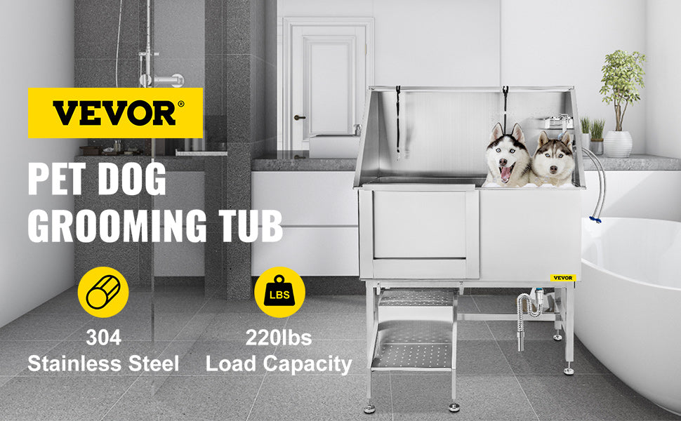 VEVOR 50 Inch Dog Grooming Tub Professional Stainless Steel Pet Dog Bath Tub With Steps Faucet & Accessories Dog Washing Station