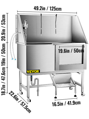 VEVOR 50 Inch Dog Grooming Tub Professional Stainless Steel Pet Dog Bath Tub With Steps Faucet & Accessories Dog Washing Station