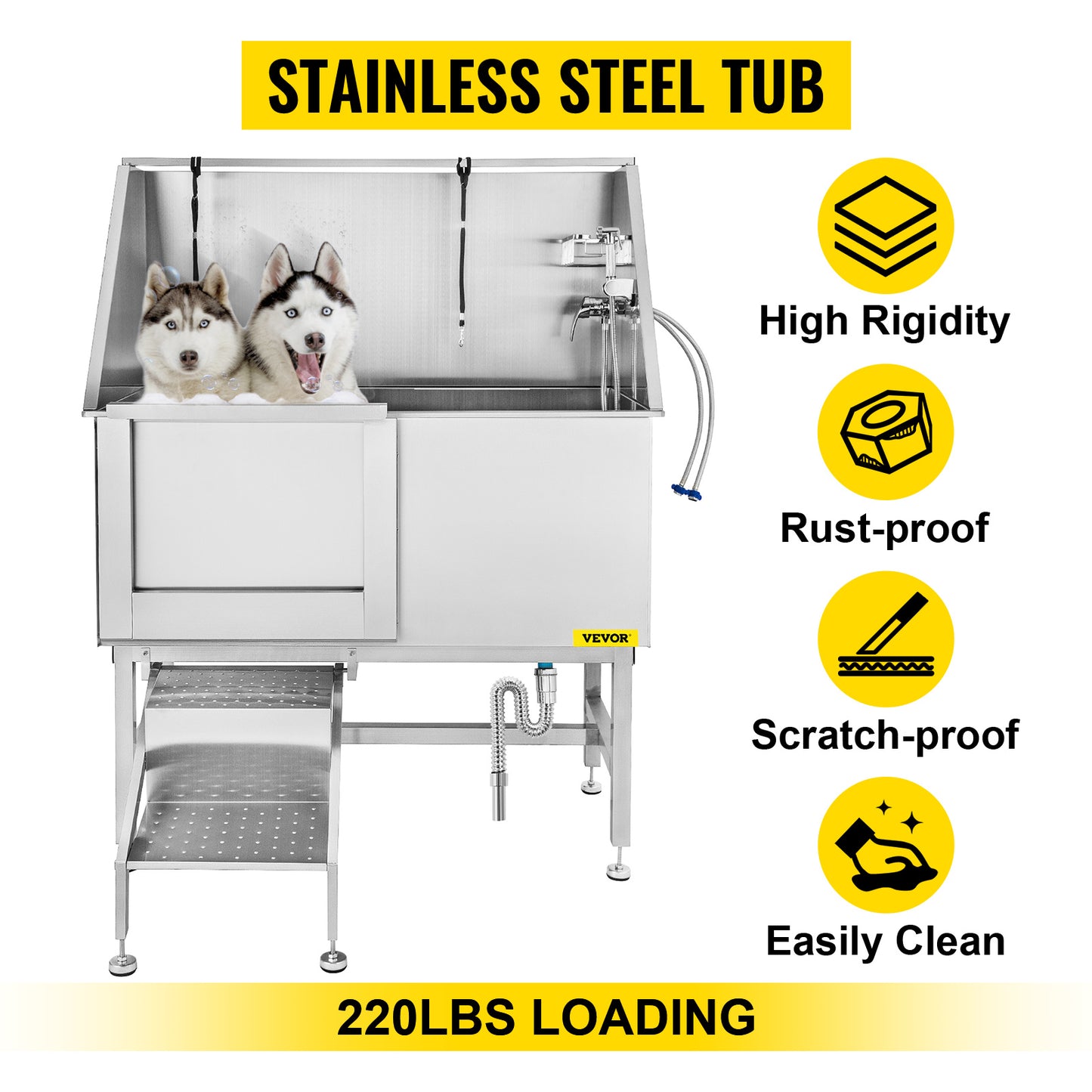 VEVOR 50 Inch Dog Grooming Tub Professional Stainless Steel Pet Dog Bath Tub With Steps Faucet & Accessories Dog Washing Station