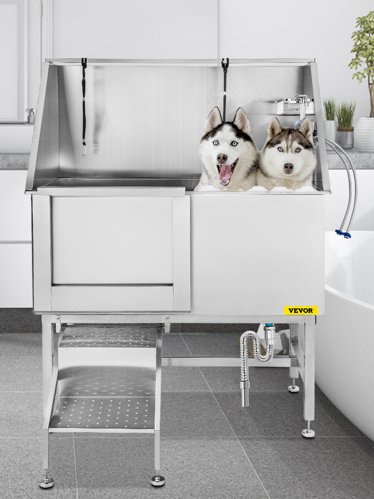 VEVOR 50 Inch Dog Grooming Tub Professional Stainless Steel Pet Dog Bath Tub With Steps Faucet & Accessories Dog Washing Station