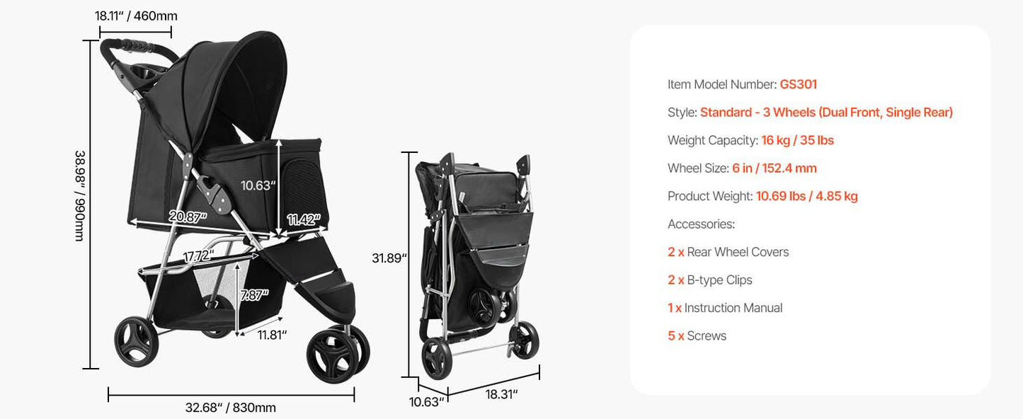 SucceBuy Pet Stroller 35 lbs Weight Capacity Dog Stroller Cart 4 Wheels Pram w/Detachable Mesh Carrier w/ Brake for Small to Pet