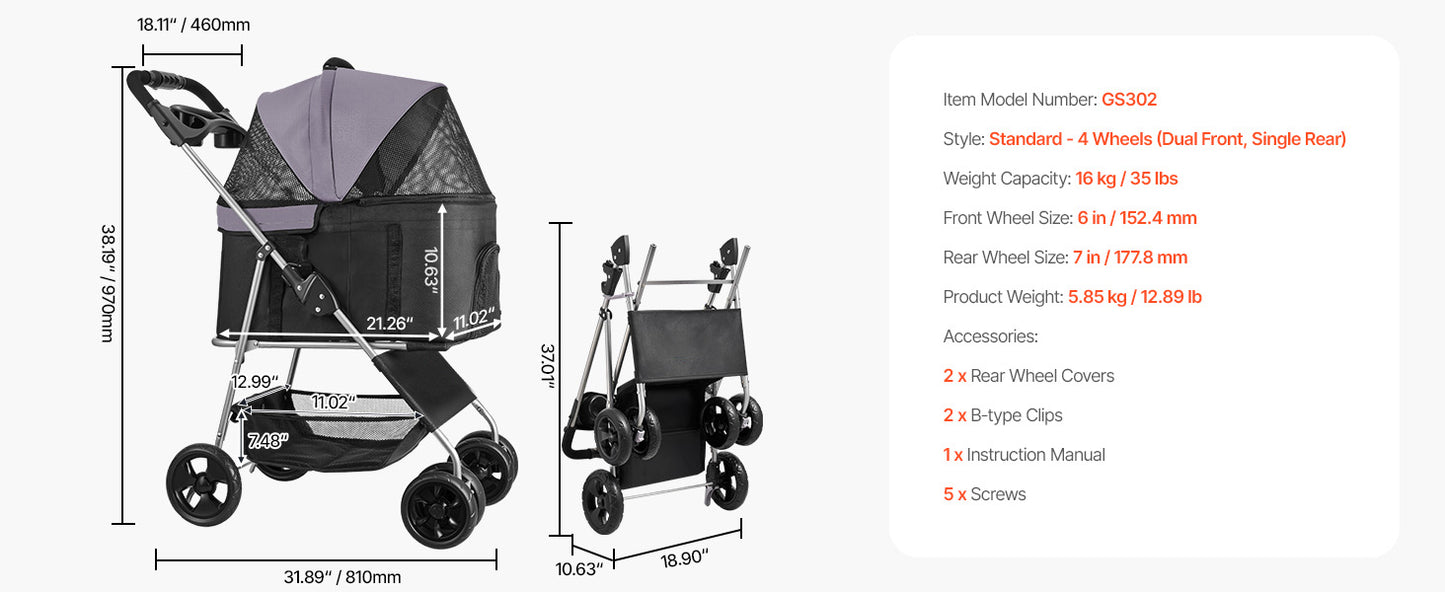 SucceBuy Pet Stroller 35 lbs Weight Capacity Dog Stroller Cart 4 Wheels Pram w/Detachable Mesh Carrier w/ Brake for Small to Pet