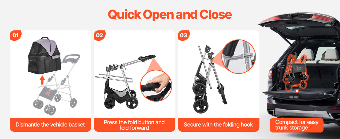 SucceBuy Pet Stroller 35 lbs Weight Capacity Dog Stroller Cart 4 Wheels Pram w/Detachable Mesh Carrier w/ Brake for Small to Pet