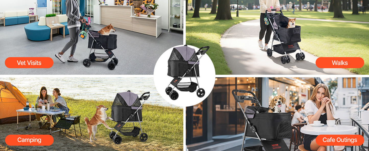 SucceBuy Pet Stroller 35 lbs Weight Capacity Dog Stroller Cart 4 Wheels Pram w/Detachable Mesh Carrier w/ Brake for Small to Pet